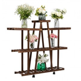 Artisasset 3-Layer 9-Seat Indoor And Outdoor Multifunctional Carbonized Ribbon Wheel Wooden Plant Stand