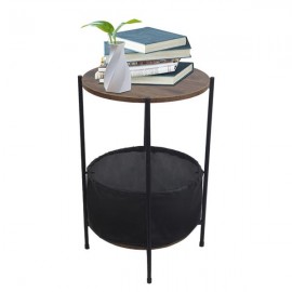 HODELY Wood Color Round Table Top Two Layers With Artificial Leather PVC Waterproof Cloth Newspaper Bag Wrought Iron Side Table