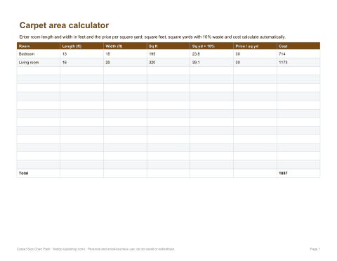 Preview of the first page of Area calculator (XLSX)